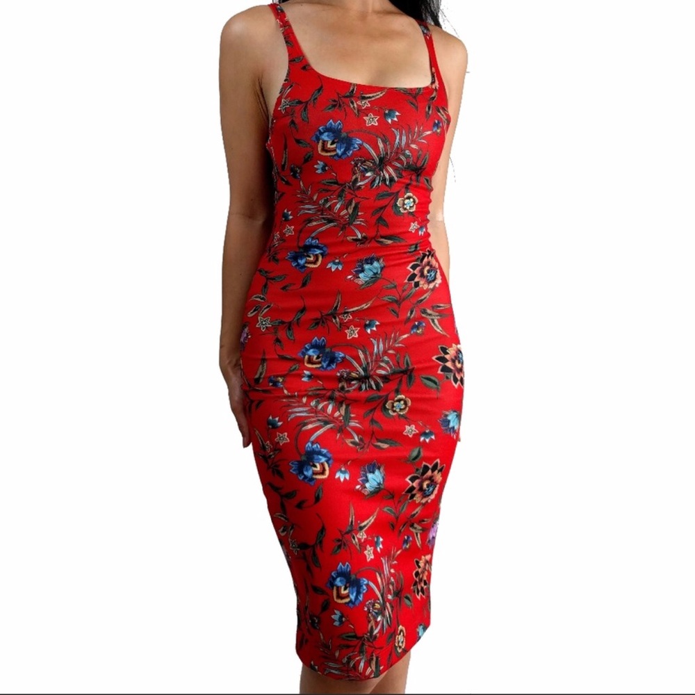 Zara Trafaluc Red Floral Tank Bodycon Dress